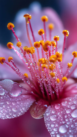 Macro close up of a pink flower with water droplets clinging to its delicate petals and stamens, creating a beautiful and refreshing natural sceneの素材