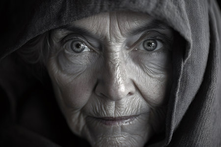 Close up of an elderly woman with a hood, her wrinkled face and intense gaze conveying wisdom and resilienceの素材