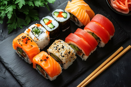 Delicious sushi rolls with salmon, tuna, avocado and sesame seeds lying on a black stone plateの素材