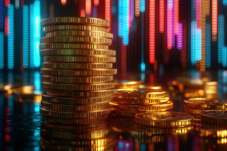 Gold coins stacked on each other with stock market chart on background representing increasing profitsの素材