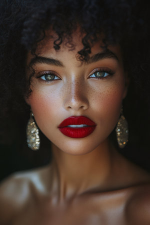 Beauty portrait of a young woman with curly hair, freckled skin and red lipstickの素材