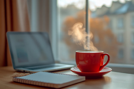 Red cup of hot coffee with steam, laptop, and notepad on wooden desk by window, creating cozy home office atmosphere for remote workの素材