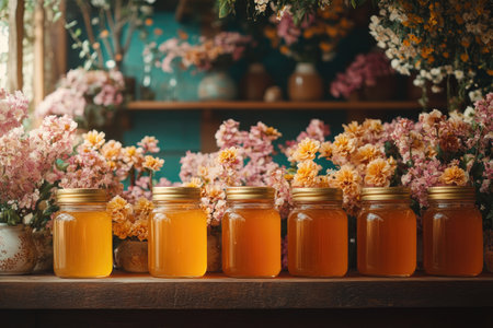 Glass jars filled with golden honey are lined up on a wooden shelf, surrounded by fresh flowers, creating a rustic and inviting sceneの素材