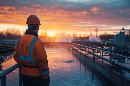 Wastewater treatment plant operator overseeing the purification process at sunset, ensuring clean and safe waterの素材