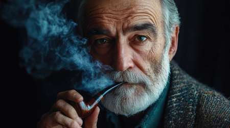 Portrait of a contemplative senior man smoking a pipe, enveloped in a haze of smoke, against a dark backdrop, creating a dramatic and atmospheric sceneの素材