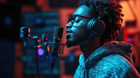 Young male musician recording a song in professional studio with colorful neon lightsの素材