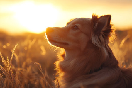 Brown dog enjoying a peaceful moment in a wheat field during golden hourの素材