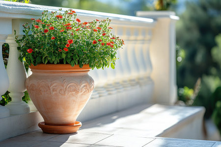 Beautiful terracotta pot with red flowers enjoying sunlight on a white balustrade, creating a peaceful and inviting atmosphereの素材