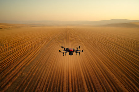 Professional drone capturing aerial footage of cultivated wheat field at sunset, using advanced technology for agriculture and farmingの素材