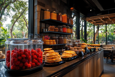 Delicious breakfast buffet offering fresh pancakes, raspberries, and various ingredients in jars, creating an inviting display for hotel guestsの素材