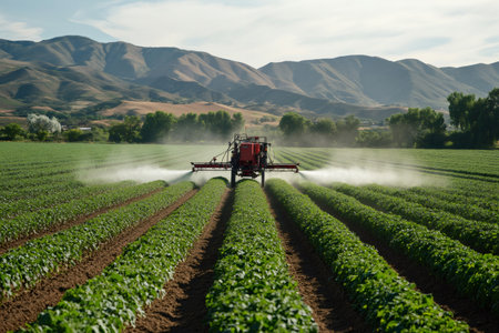 Red tractor spraying pesticides on a cultivated potato field, ensuring healthy crop growth and protecting against pestsの素材