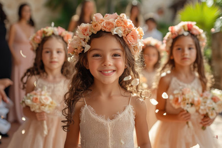 Flower girls wearing floral wreaths are smiling during a wedding ceremonyの素材