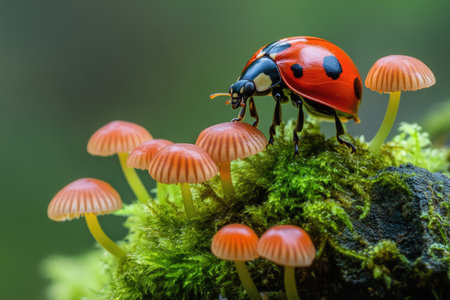 Ladybug exploring a magical forest floor covered with vibrant green moss and delicate pink mushroomsの素材