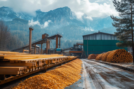 Sawmill in a mountain forest environment processing timber, featuring stacks of logs, finished lumber, and sawdust pilesの素材