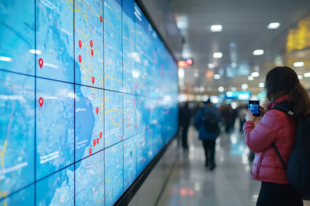 Tourist taking photo of large interactive map displaying locations and points of interest in a public spaceの素材