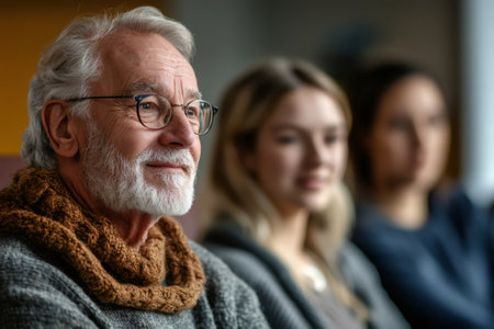 Elderly man wearing glasses and scarf listening during professional meeting with female colleaguesの素材
