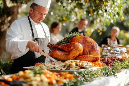 Professional chef carves a roasted turkey at an outdoor thanksgiving feast, surrounded by delicious food and guestsの素材