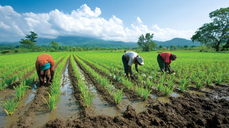 Farmers tending to rice paddies in a vibrant green field, showcasing agricultural practices against a backdrop of majestic mountainsの素材
