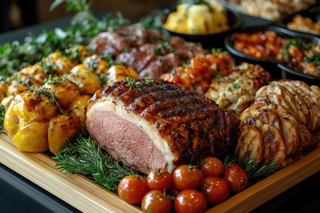 Delicious sliced roast beef centerpiece with rosemary, vegetables, and various side dishes, perfect for a celebratory holiday gatheringの素材