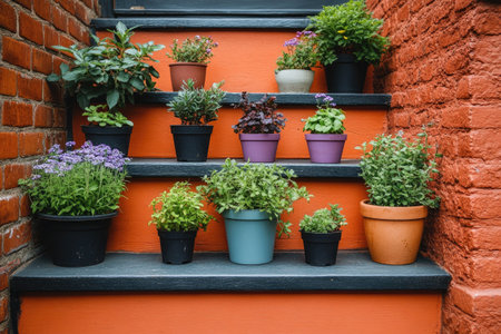 Aromatic herbs thriving in pots, displayed on a vibrant orange staircase, creating a charming and fragrant urban gardenの素材