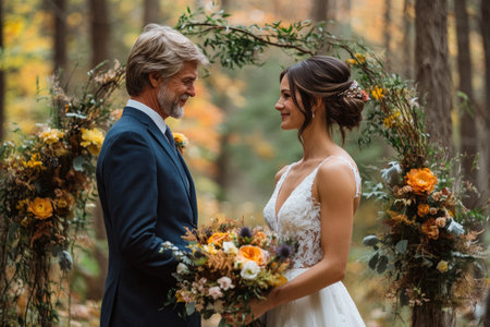 Happy couple getting married in the woods, exchanging vows under a floral arch during a fall wedding ceremonyの素材