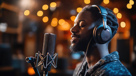 Young male singer recording new song in professional studio with headphones and microphoneの素材