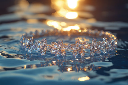 Beautiful diamond diadem floating on gently rippling water, reflecting golden sunset light, creating a luxurious and elegant imageの素材