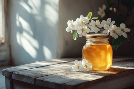 Glass jar of golden honey with apple blossoms on a rustic wooden surface, illuminated by natural sunlight from a nearby windowの素材