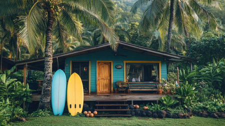 Two surfboards are leaning against a palm tree outside a tropical bungalow surrounded by lush vegetationの素材
