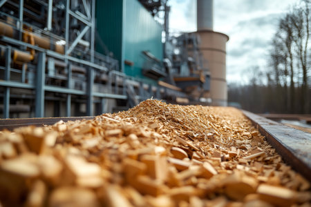 Wood chips transported on a conveyor belt, providing a sustainable fuel source for biomass power plantsの素材