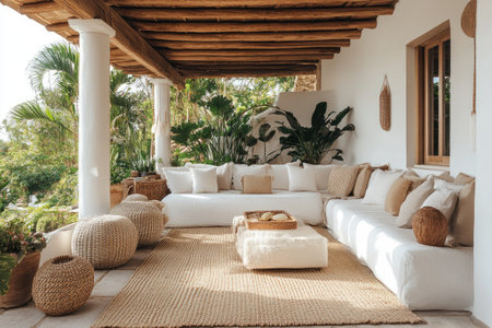 Modern patio design featuring comfortable seating, natural materials, and lush greenery, creating a tranquil and inviting outdoor spaceの素材