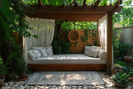 Cozy pergola daybed with white curtains, pillows and carpet, creating a serene outdoor retreat perfect for relaxationの素材