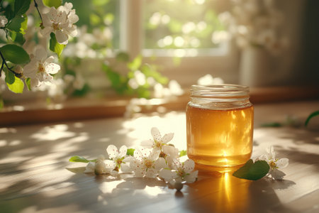 Golden honey in glass jar with spring flowers on wooden table illuminated by sunlightの素材