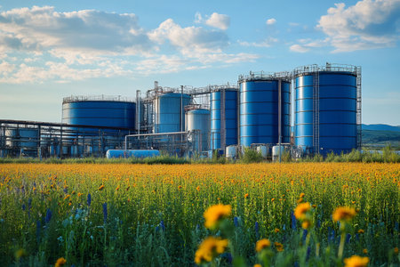 Large blue industrial tanks for biodiesel production behind a field of blooming sunflowers, representing sustainable energyの素材