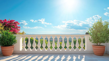 Sunny terrace with white balustrade overlooking a beautiful valley, with bougainvillea and potted plantsの素材