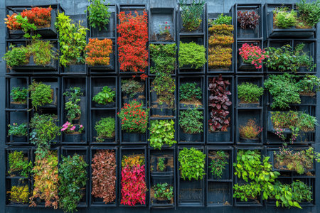 Lush green wall with various colorful plants growing in square plastic pots, creating a vibrant and eco-friendly urban spaceの素材
