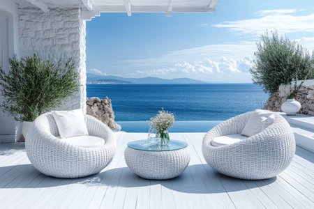 White wicker sofas and a coffee table create a relaxing atmosphere on a wooden deck overlooking a beautiful ocean viewの素材
