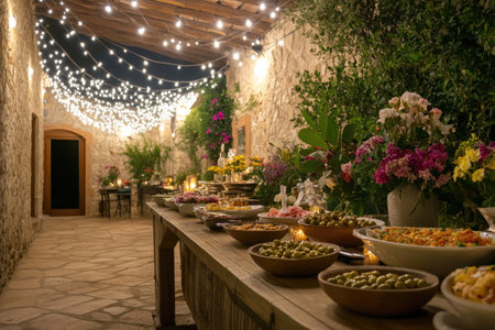 Delicious food and flower arrangements displayed on a buffet table in a rustic courtyard illuminated with string lightsの素材