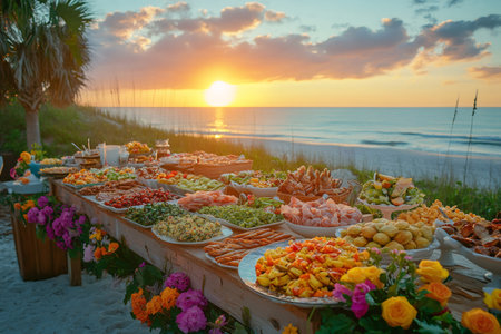 Buffet table filled with various dishes, decorated with flowers, set up on a beach during a beautiful sunsetの素材