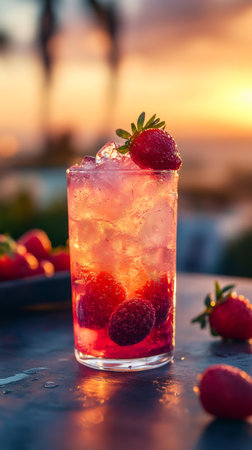 Ice cold strawberry cocktail glowing orange at sunset with palm trees blurred in the backgroundの素材