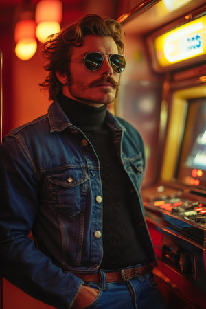 Portrait of a cool young man with aviator sunglasses and denim jacket standing next to a slot machine in a retro bar with red lightsの素材