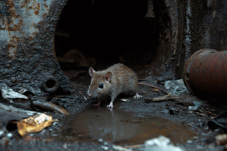 Brown rat exploring dirty environment near rusty pipeの素材