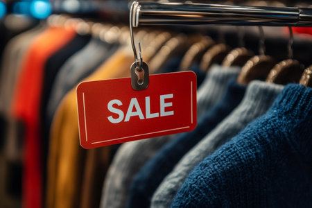 Red sale sign hanging from a clothing rack with warm winter clothes in a storeの素材