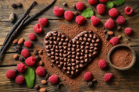 Delicious heart shaped chocolate cake is being decorated with cocoa powder, fresh raspberries, and vanilla pods, creating a tempting dessert for Valentine's day or any special occasionの素材