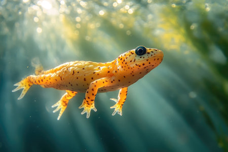 Vibrant yellow long toed salamander gracefully swimming in crystal clear water, illuminated by sunbeamsの素材