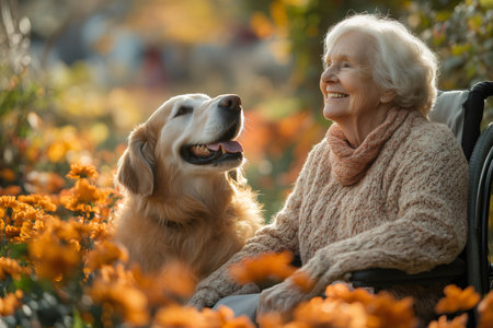 Senior woman enjoying a beautiful autumn day at the park with her golden retriever dogの素材