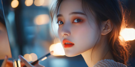 Young woman applying lipstick while looking in the mirror in a room with warm lightingの素材
