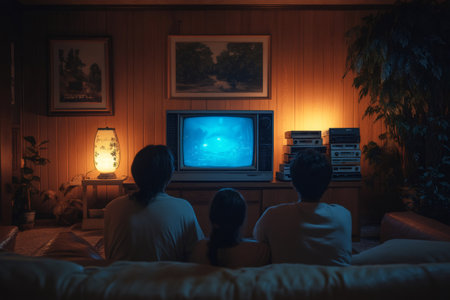 Family enjoying time together watching an old television set in a cozy living room at nightの素材