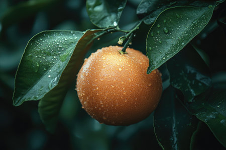 Close up of a ripe orange fruit with water droplets, hanging on a branch with green leaves, after a refreshing rainの素材