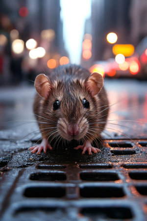 Close up of a wet brown rat emerging from a sewer grate on a city street at night, with blurred city lights in the backgroundの素材